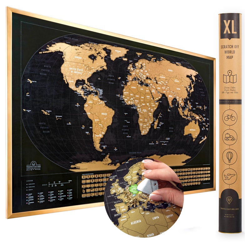 Travelization XL Scratch Off World Map with 196 Country Flags 36 x 24 Frameable World Map with Vibrant Colors and Premium Gold Coating Beautiful Scratch Map for Travelers Black
