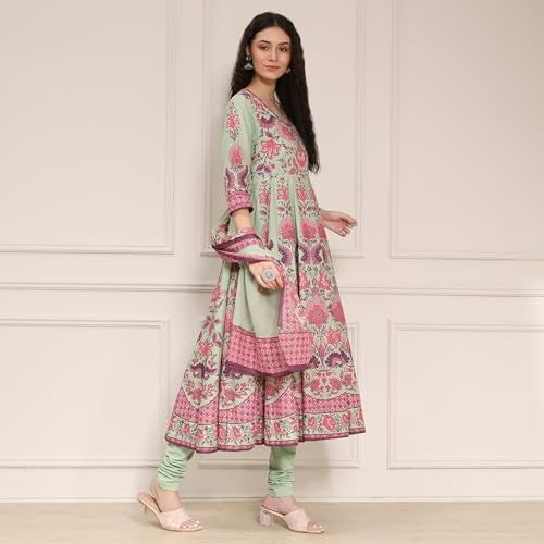 Biba Women Sage Green Cotton Anarkali Printed Lehenga Set_32 - Image 4