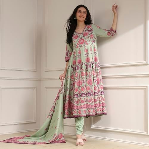 Biba Women Sage Green Cotton Anarkali Printed Lehenga Set_32 - Image 2