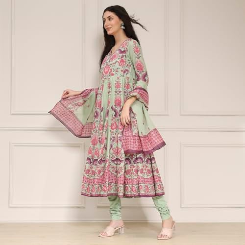 Biba Women Sage Green Cotton Anarkali Printed Lehenga Set_32 - Image 3
