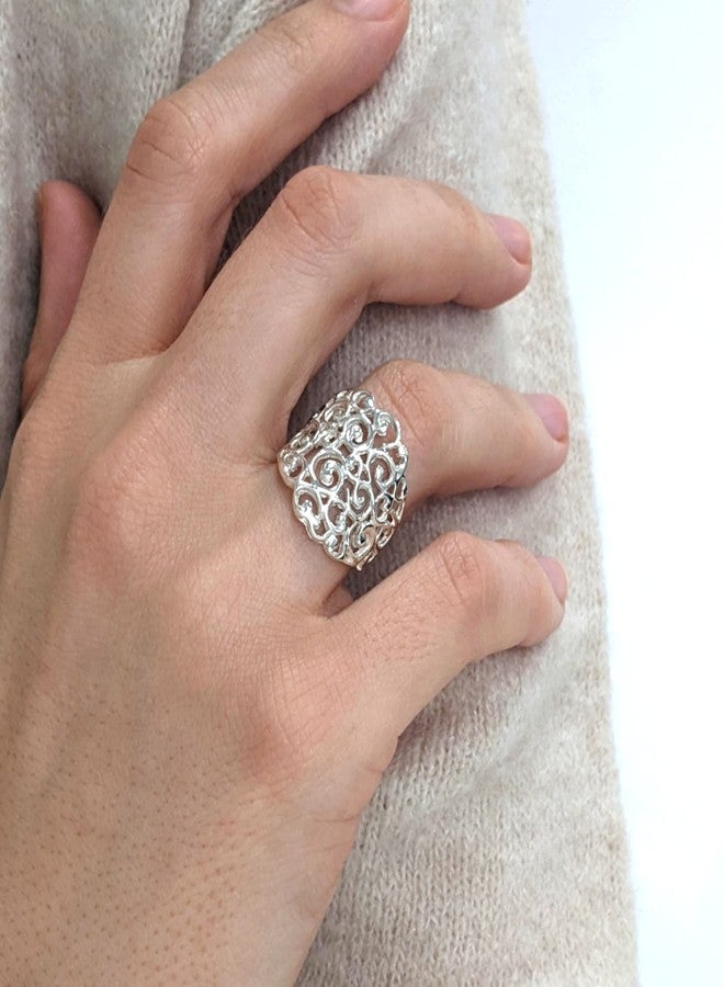 Silverly Sterling Silver Spiral Filigree Statement Ring for Women - Wide Band With Scrollwork - Baroque-Style Ornate Scroll Openwork 925 Silver Ring - Intricate Lace-Like Swirl Design - Image 2