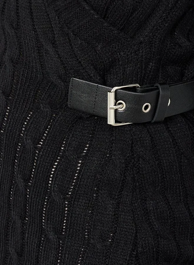 ستايلي Cable Knit Sweater Knee Length Dress with Belt Detail