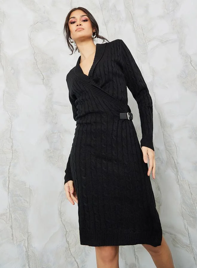 ستايلي Cable Knit Sweater Knee Length Dress with Belt Detail