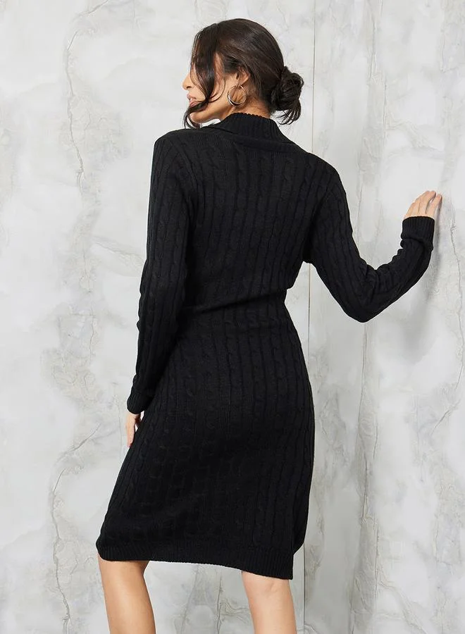 ستايلي Cable Knit Sweater Knee Length Dress with Belt Detail