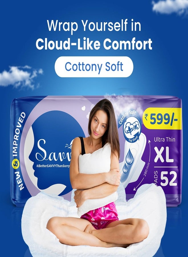Savvy Ultra Thin Cotton Sanitary Napkins Pads For Women, XL Size Regular to Heavy Flow Advanced Leaklock Protection, Wider Wings Super Absorption - (52 Pads) 280mm - Image 1