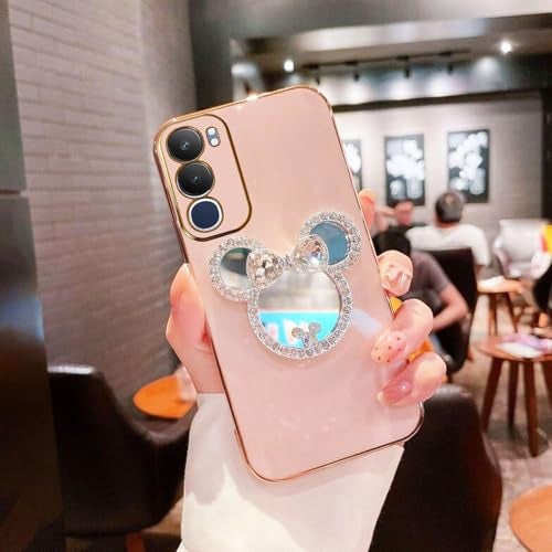 KC Back Cover for Vivo Y29 5G - Round Bunny Mirror Electroplated Soft Silicone Camera Protection Case - Pink - Image 4