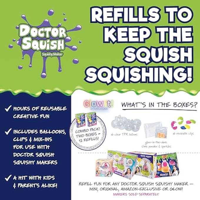 Doctor Squish عبوة إعادة تعبئة صانع السكووشي النيون | مجموعة صنع سكووشي افعلها بنفسك مع 6 بالونات TPR، 6 مشابك قابلة لإعادة الاستخدام، لمعة تتلألأ في الظلام ومسحوق سلايم | اصنع سكووشياتك الخاصة | للأعمار 8 سنوات (تتألق، 2، عبوة) - Image 4