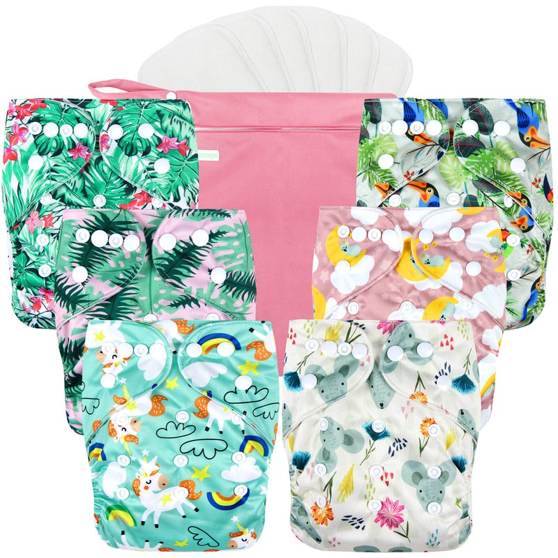 wegreeco Cloth Diapers 6 Pack with 6 Inserts & 1 Wet Bag, Washable Cloth Diapers for Babies, One Size Adjustable Reusable (Rainbow, Horse) - Image 1