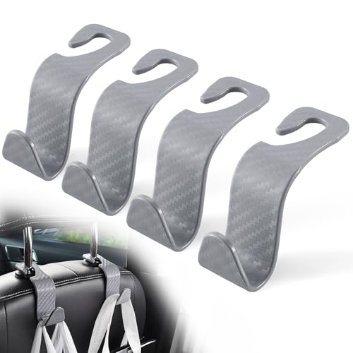 LivTee Car Purse Hook, 4 Pack Universal Auto Seat Headrest Hook Hangers Organizer for Coats, Umbrellas, Groceries - Carbon Fiber Gray - Image 1