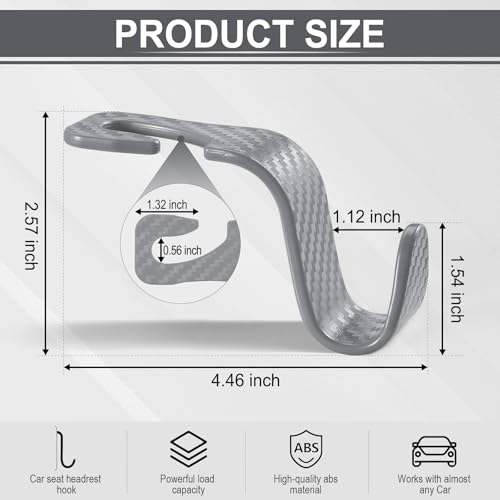 LivTee Car Purse Hook, 4 Pack Universal Auto Seat Headrest Hook Hangers Organizer for Coats, Umbrellas, Groceries - Carbon Fiber Gray - Image 3