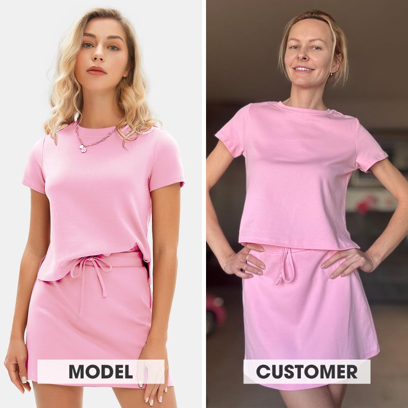 EXLURA Womens Summer 2 Piece Short Skirt Sets Short Sleeve Tshirt Matching Tennis Skort Cotton Airport Travel Vacation Outfit - Image 2