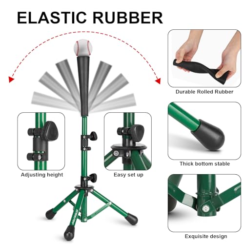 AOLIGEIJS Baseball Tee Batting Tee Softball Tee Portable Travel Hitting TeeEasy Adjustable HeightStable Tripod Stand Baseball Tee Green - Image 3