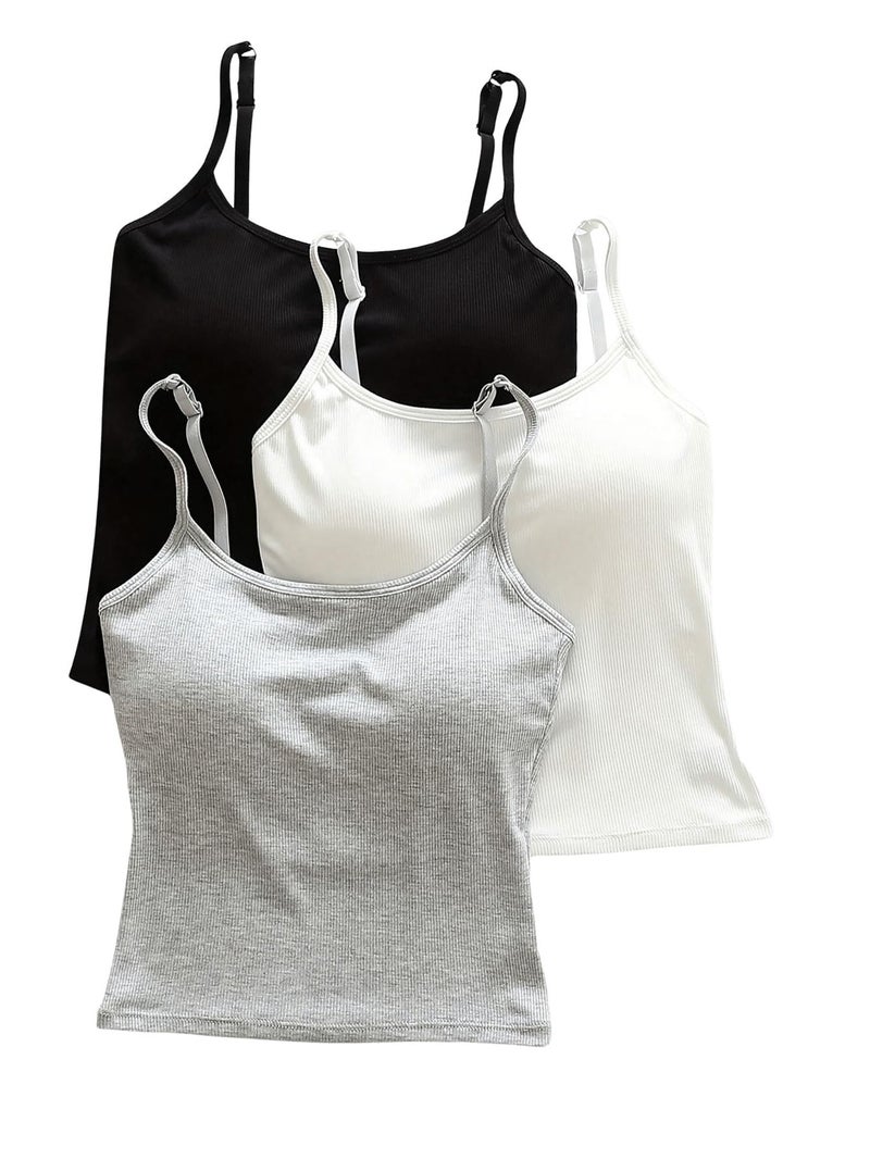 WDIRARA Women's 3 Pack Cami Crop Top Built in Bra Spaghetti Strap Camisole Tops Black White Grey Medium - Image 1