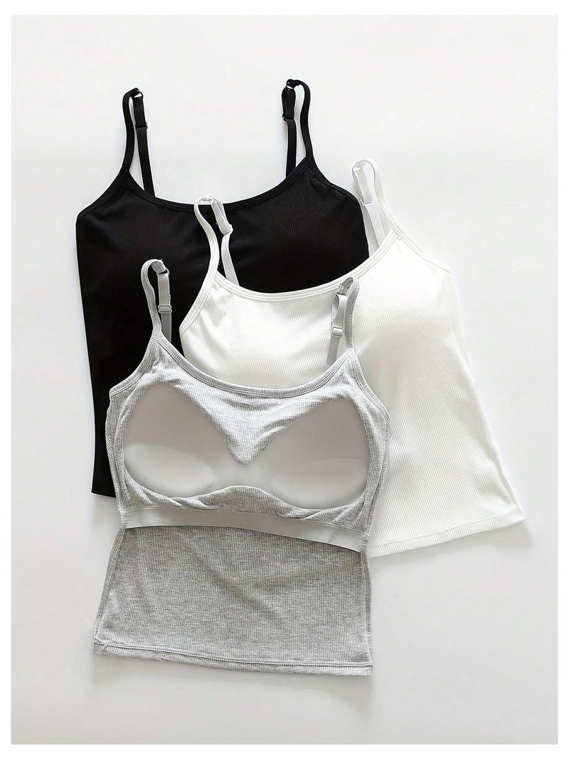 WDIRARA Women's 3 Pack Cami Crop Top Built in Bra Spaghetti Strap Camisole Tops Black White Grey Medium - Image 4