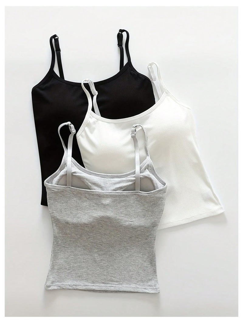 WDIRARA Women's 3 Pack Cami Crop Top Built in Bra Spaghetti Strap Camisole Tops Black White Grey Medium - Image 3