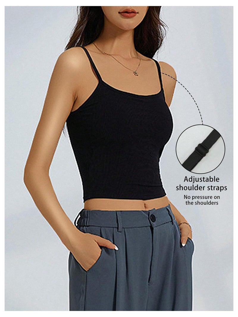 WDIRARA Women's 3 Pack Cami Crop Top Built in Bra Spaghetti Strap Camisole Tops Black White Grey Medium - Image 2