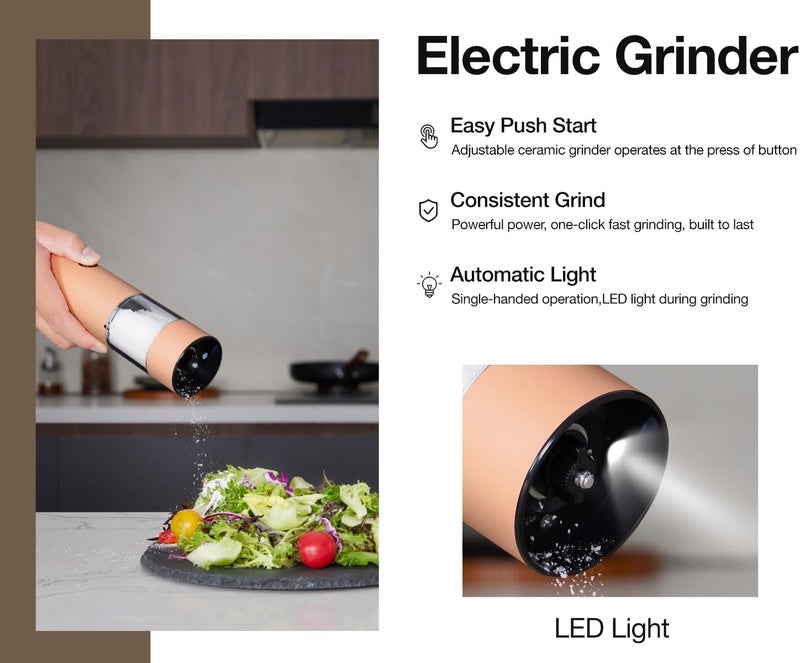 GORMODE Electric Pepper Grinder and Salt Mill Set - Large Capacity USB Rechargeable Automatic Grinder with Dual LED Lights, One-Handed Operation & Slide Cover - Brushed Stainless Steel - Image 2