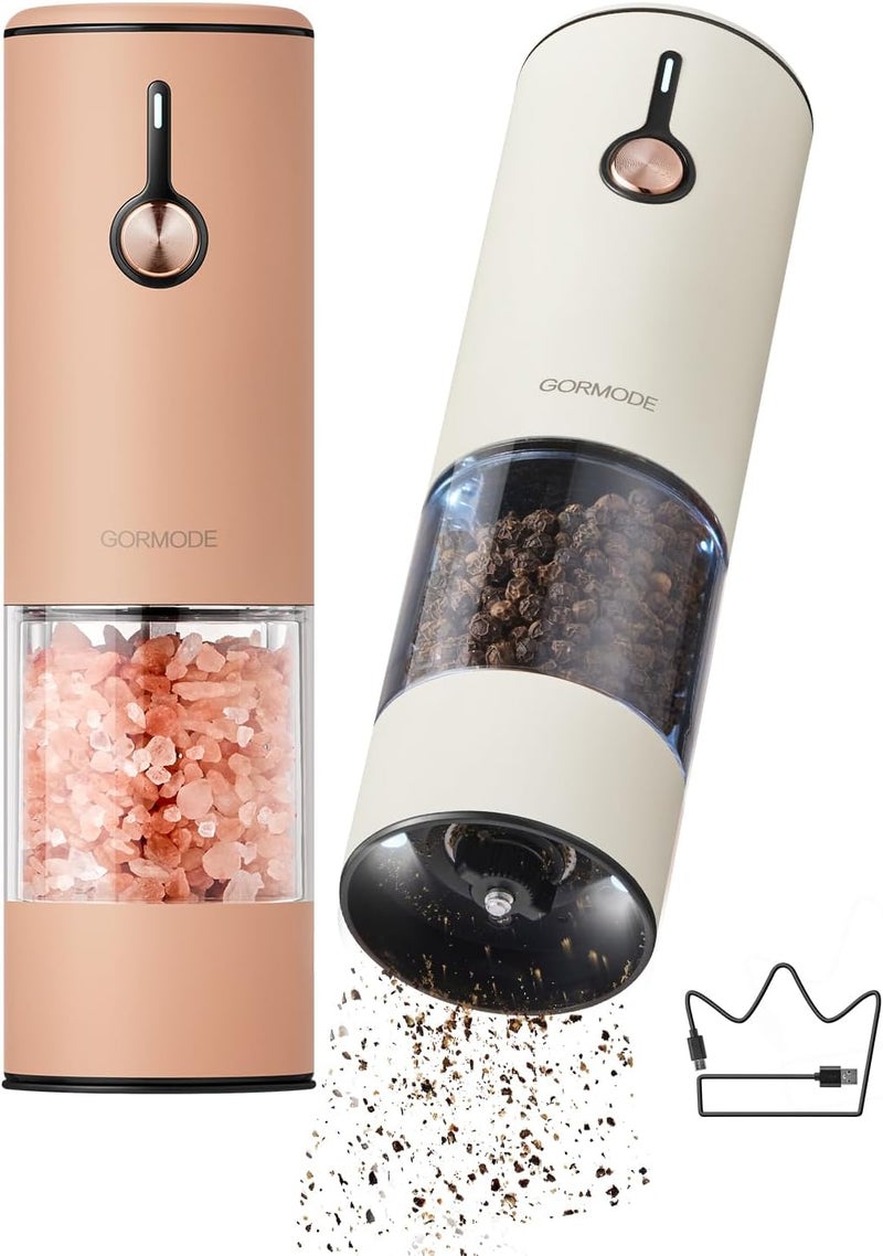 GORMODE Electric Pepper Grinder and Salt Mill Set - Large Capacity USB Rechargeable Automatic Grinder with Dual LED Lights, One-Handed Operation & Slide Cover - Brushed Stainless Steel - Image 1