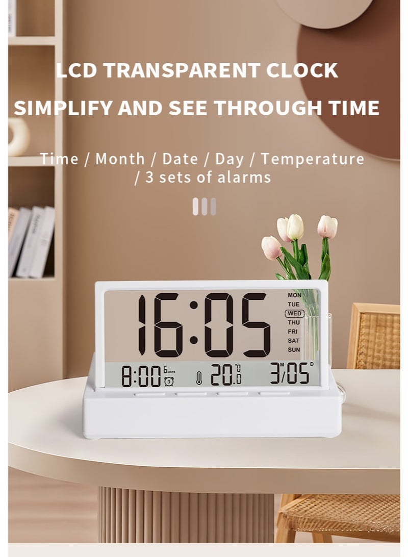 XICEN Digital Alarm Clock, Transparent LCD Digital Clock, Display for Time/Temperature/Date/Week, Support 3 Alarm Clock, Bedside Alarm Clock - Image 2