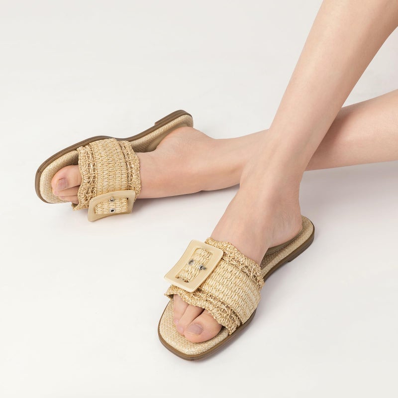 Rihero Raffia Flat Sandals for Women Dressy Slip On Beach Slides Square Toe Buckle Summer Fashion Woven Sandals Natural Size 9.5 - Image 2