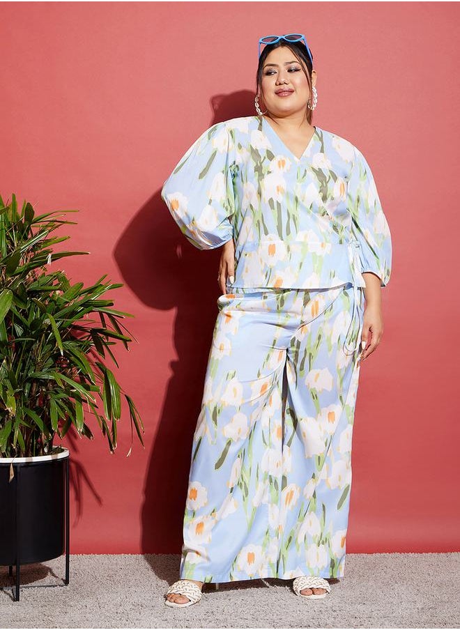 SASSAFRAS - Floral Wrap Top & Wide Leg Pants Co-Ords by Styli - Image 1