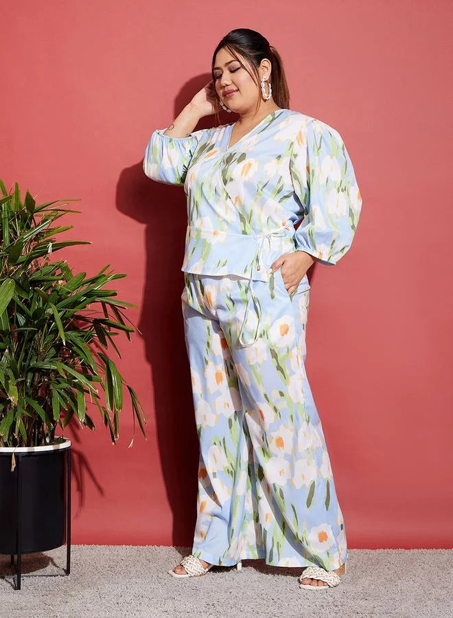 SASSAFRAS Floral Wrap Top & Wide Leg Pants Co-Ords by Styli
