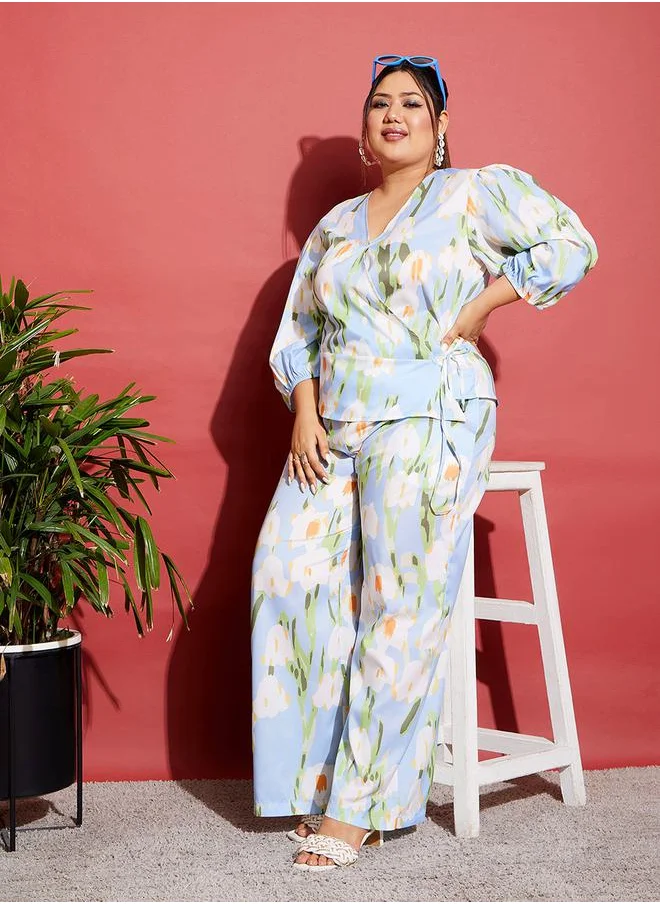 SASSAFRAS Floral Wrap Top & Wide Leg Pants Co-Ords by Styli