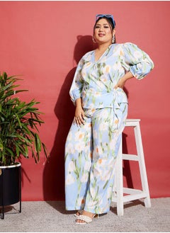 Floral Wrap Top & Wide Leg Pants Co-Ords by Styli