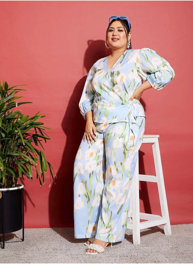 SASSAFRAS - Floral Wrap Top & Wide Leg Pants Co-Ords by Styli - Image 1