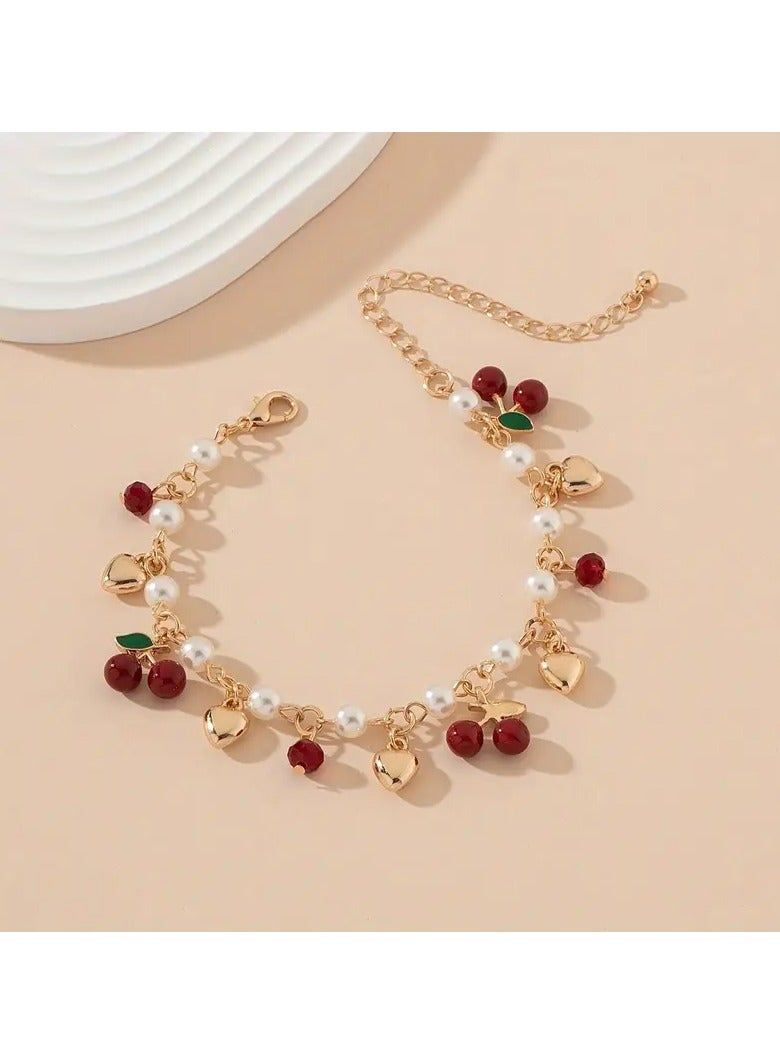 Goolsky 1pc Bohemian Punk Style Women'S Alloy Enamel Cherry Heart Charm Bracelet with Faux Pearl - All-Season Daily & Party Wear, Festive Gift, Bohemian Jewelry - Image 1