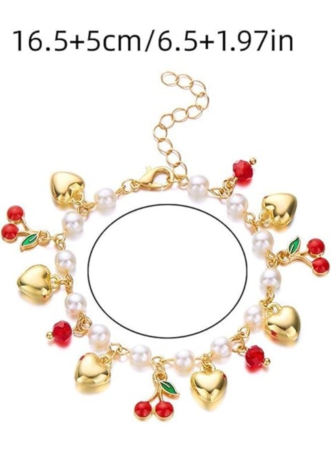 Goolsky 1pc Bohemian Punk Style Women'S Alloy Enamel Cherry Heart Charm Bracelet with Faux Pearl - All-Season Daily & Party Wear, Festive Gift, Bohemian Jewelry - Image 5