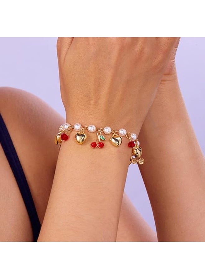 Goolsky 1pc Bohemian Punk Style Women'S Alloy Enamel Cherry Heart Charm Bracelet with Faux Pearl - All-Season Daily & Party Wear, Festive Gift, Bohemian Jewelry - Image 2
