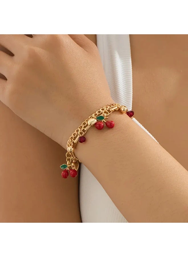 Goolsky 1pc Bohemian Punk Style Women'S Alloy Enamel Cherry Heart Charm Bracelet with Faux Pearl - All-Season Daily & Party Wear, Festive Gift, Bohemian Jewelry - Image 3