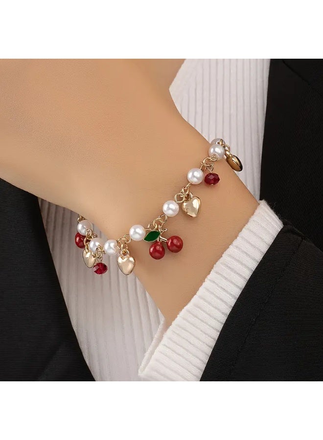 Goolsky 1pc Bohemian Punk Style Women'S Alloy Enamel Cherry Heart Charm Bracelet with Faux Pearl - All-Season Daily & Party Wear, Festive Gift, Bohemian Jewelry - Image 4