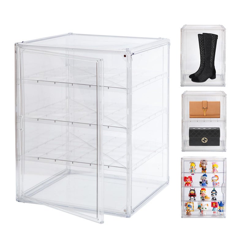 BOHOIDEE 3X-Large 4 Tiers 17.7"X13"X13" Acrylic Display Case with 3 Division Boards, Clear Organizer Box Plastic Holder with Magnetic Door for Handbags, Purses, Boots, Figures, Book - Image 1