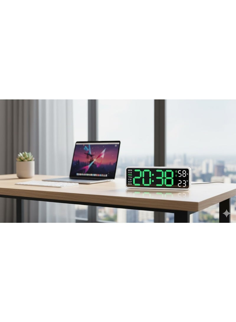 ساعة رقمية LED كبيرة بمنبه مزدوج  لغرفة النوم عرض درجة الحرارة  فرايم ابيض اضاءه (اخضر) - Image 3
