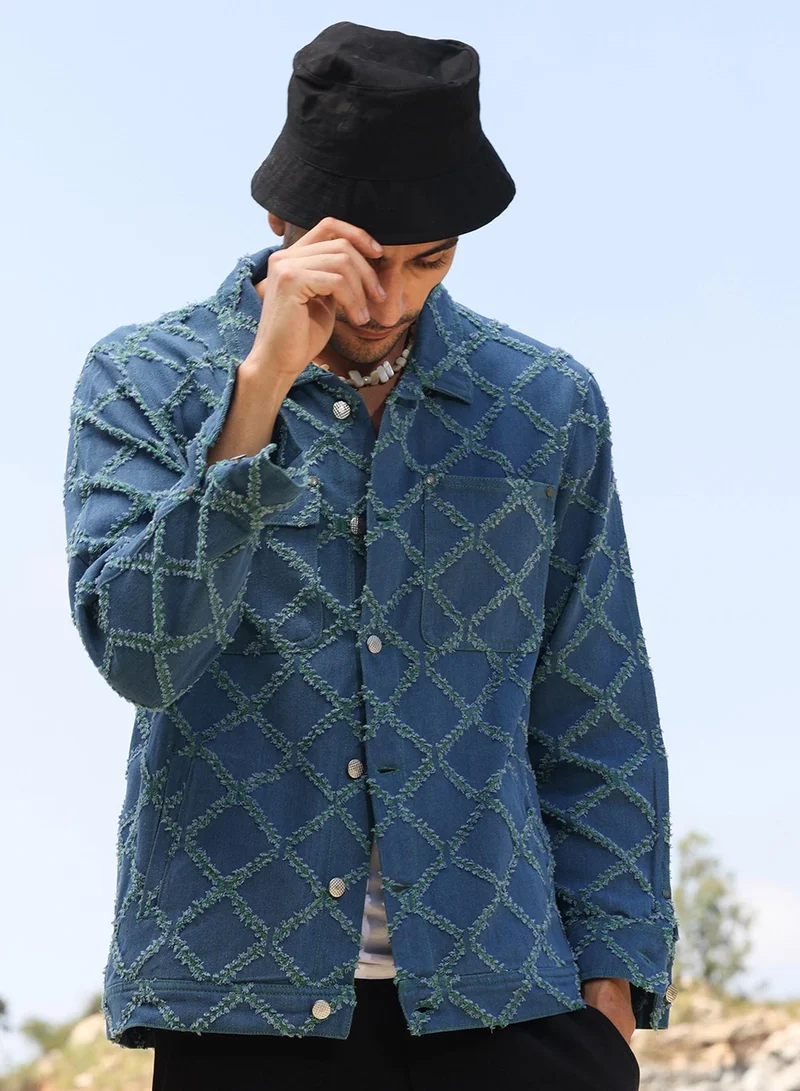 Men's Blue Criss-Cross Denim Jacket For Casual Wear | Spread Collar | Long Sleeve | Button Closure | Jacket Crafted With Comfort Fit For Everyday Wear
