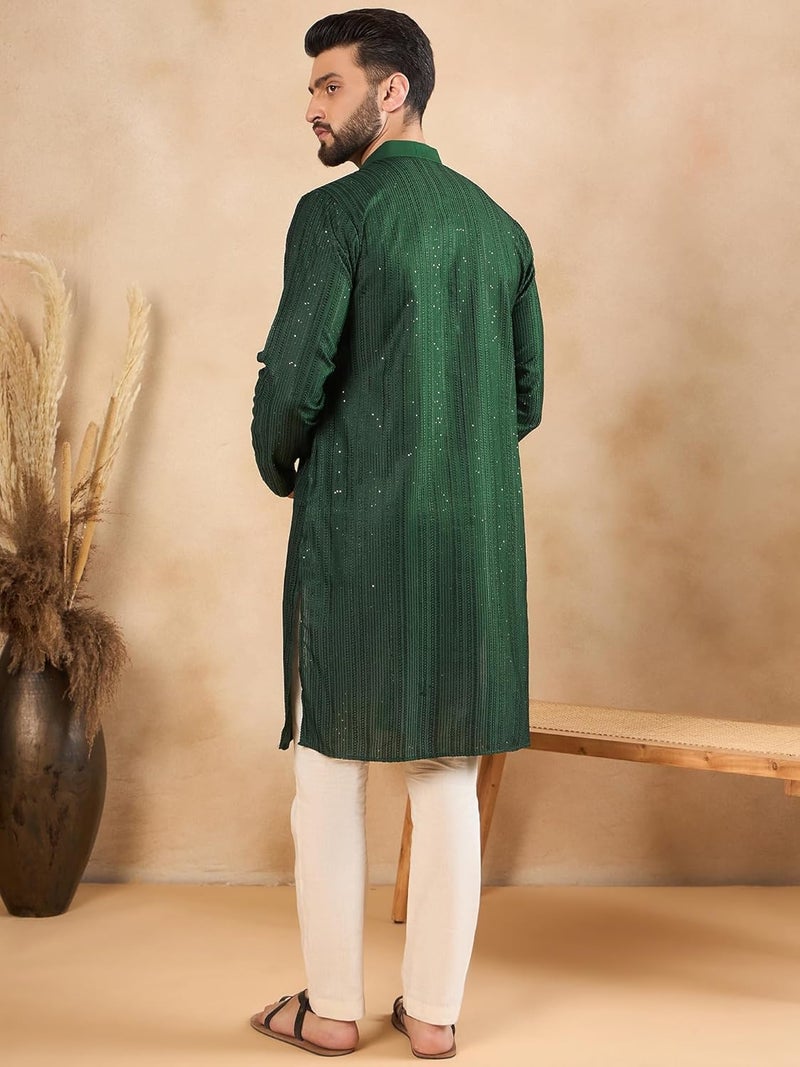 SWAGG INDIA كُرتا تقليدي عادي من الكتان المزخرف للرجال - Image 4