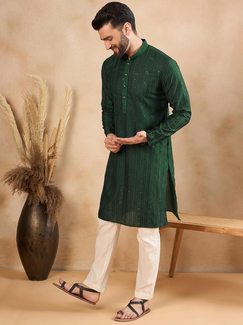 SWAGG INDIA كُرتا تقليدي عادي من الكتان المزخرف للرجال - Image 3