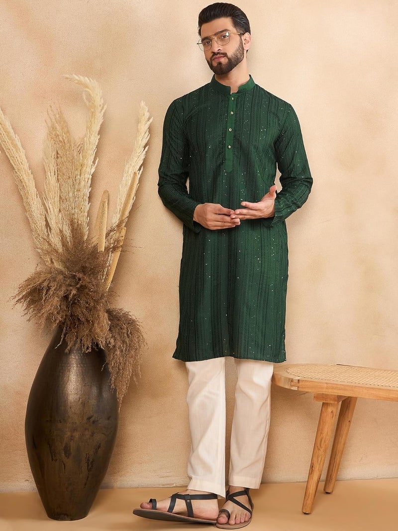 SWAGG INDIA كُرتا تقليدي عادي من الكتان المزخرف للرجال - Image 2