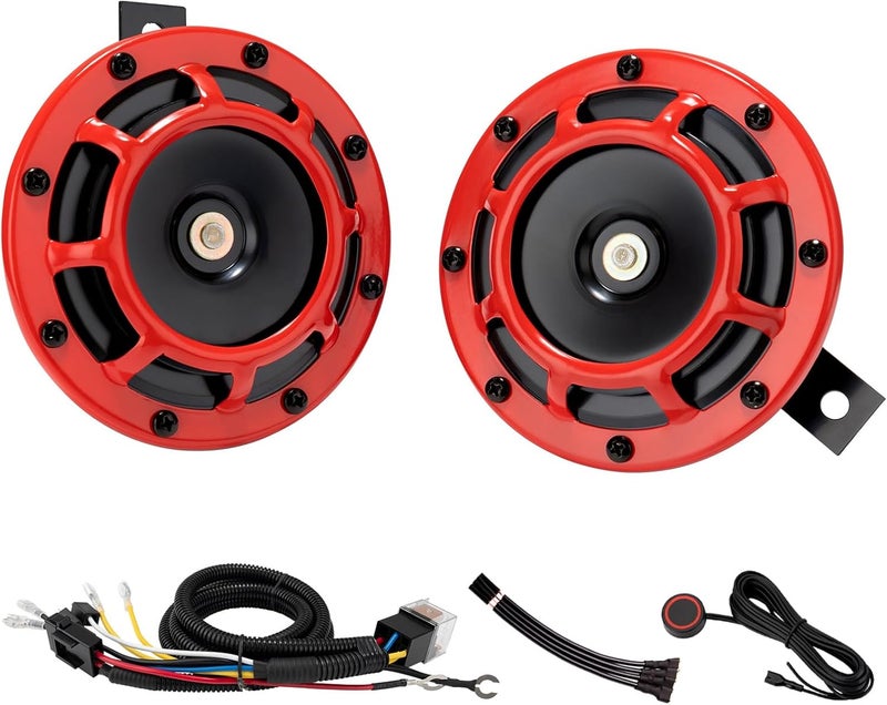 banhao Car Horn12v Waterproof Double Horn, Electric Snails for Cars, Motorcycles, Alternative Electronic Parts for Cars and Horns for Trains (12V, Red with wire and button) All storage type compatible - Image 1