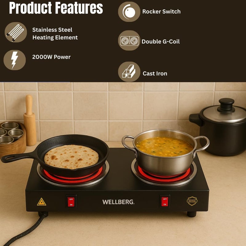 Wellberg 2000W Double Burner Electric Hot Plate | Dual Coil Portable Stove | Compact Countertop Cooker for Fast Cooking at Home, Hostel & Office - Image 3