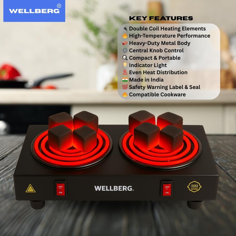 Wellberg 2000W Double Burner Electric Hot Plate | Dual Coil Portable Stove | Compact Countertop Cooker for Fast Cooking at Home, Hostel & Office - Image 4