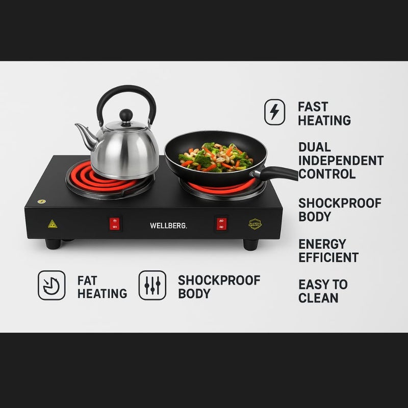 Wellberg 2000W Double Burner Electric Hot Plate | Dual Coil Portable Stove | Compact Countertop Cooker for Fast Cooking at Home, Hostel & Office - Image 5