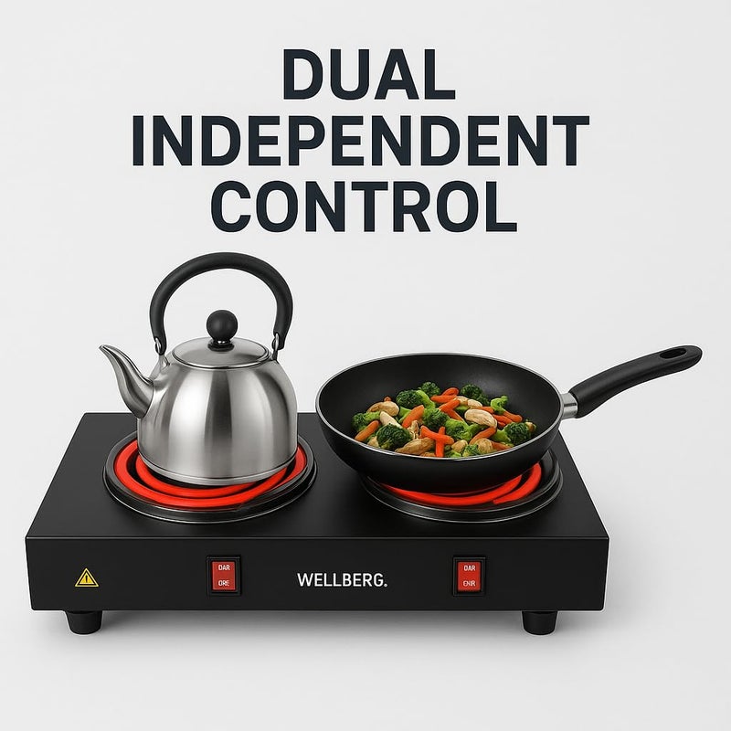 Wellberg 2000W Double Burner Electric Hot Plate | Dual Coil Portable Stove | Compact Countertop Cooker for Fast Cooking at Home, Hostel & Office - Image 2