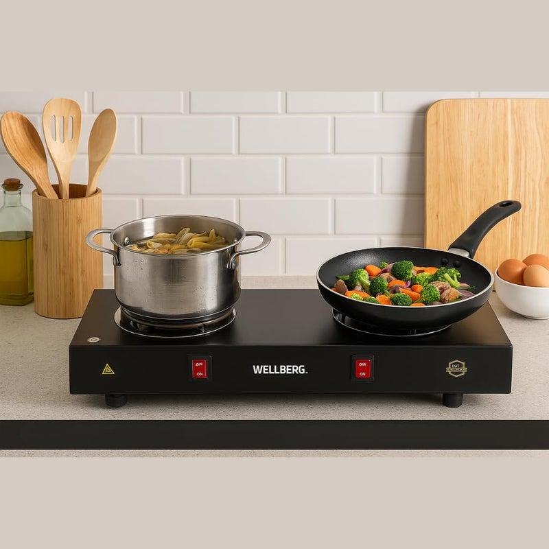 Wellberg 2000W Double Burner Electric Hot Plate | Dual Coil Portable Stove | Compact Countertop Cooker for Fast Cooking at Home, Hostel & Office - Image 1