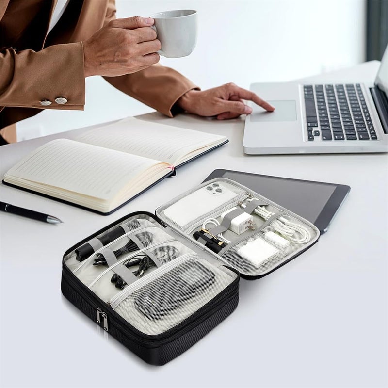 Electronics Travel Organizer, Double Layer Waterproof Cable Storage Bag for Cords, Chargers, Phones, Power Banks, and Hard Drives, Black - Image 3