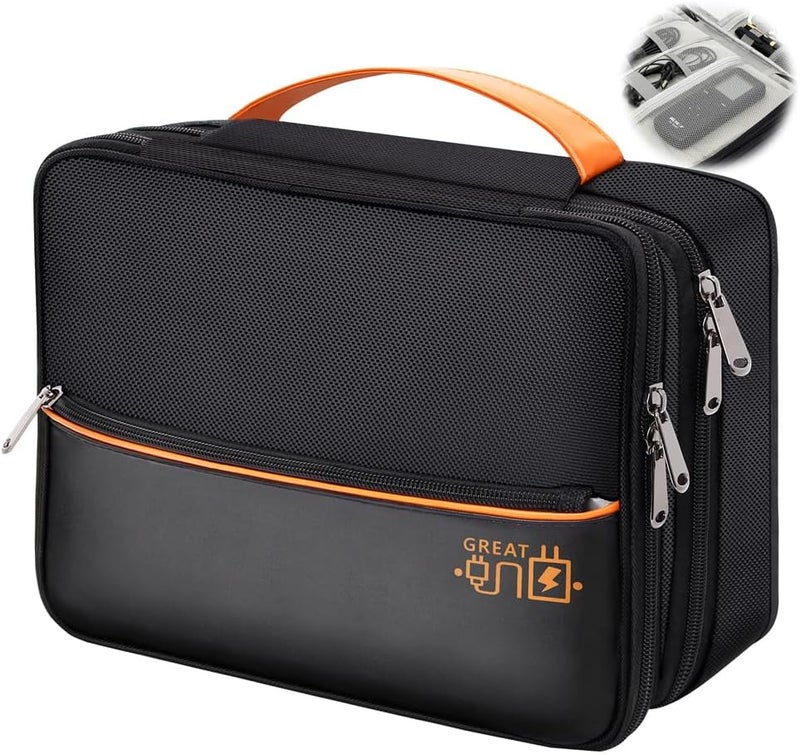 Electronics Travel Organizer, Double Layer Waterproof Cable Storage Bag for Cords, Chargers, Phones, Power Banks, and Hard Drives, Black - Image 1