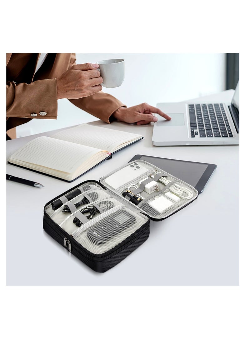 SYOSI Electronics Travel Organizer, Double Layer Waterproof Cable Storage Bag for Cords, Chargers, Phones, Power Banks, and Hard Drives, Black - Image 3