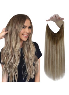 Fshine Fshine Invisible Wire Hair Extensions Real Human Hair Straight Fish Wire Hair Extensions Layered Hairpiece Dark Brown to Ash Brown and Blonde Clip in Hair Extensions Human Hair One Piece 20 Inch 80g 